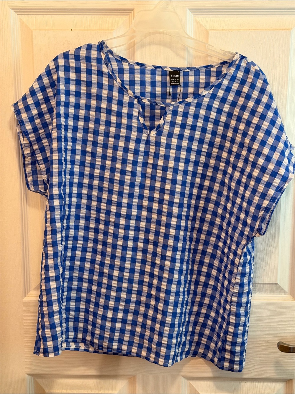 SHEIN Blue and White Gingham Short Sleeve Top